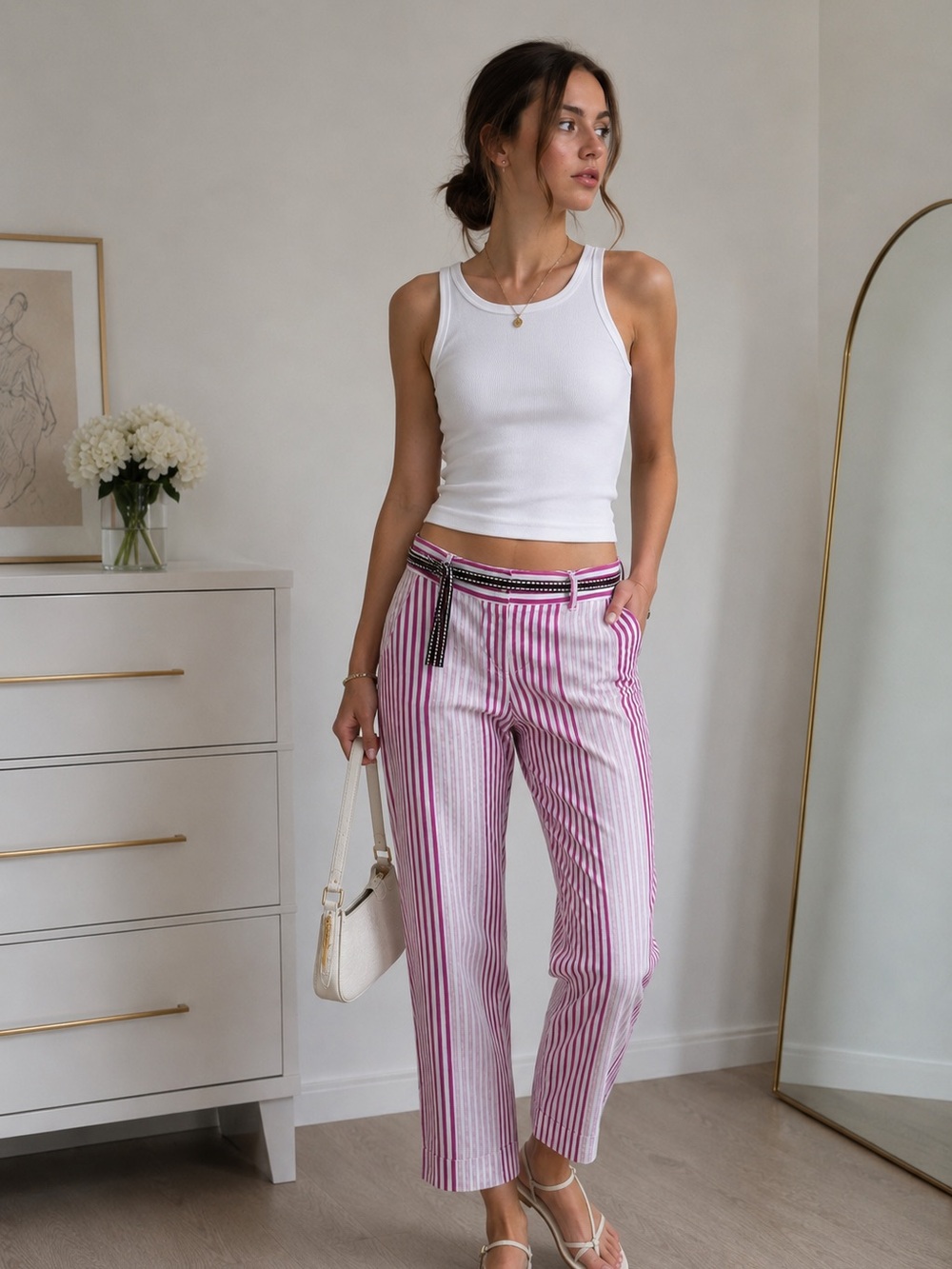 Dalia Casual Striped Cropped Ankle Pants Pink White Size 8